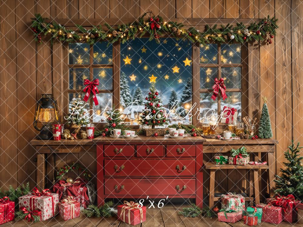 Kate Christmas Wooden Room Red Cabinet Backdrop Designed by Chain Photography -UK