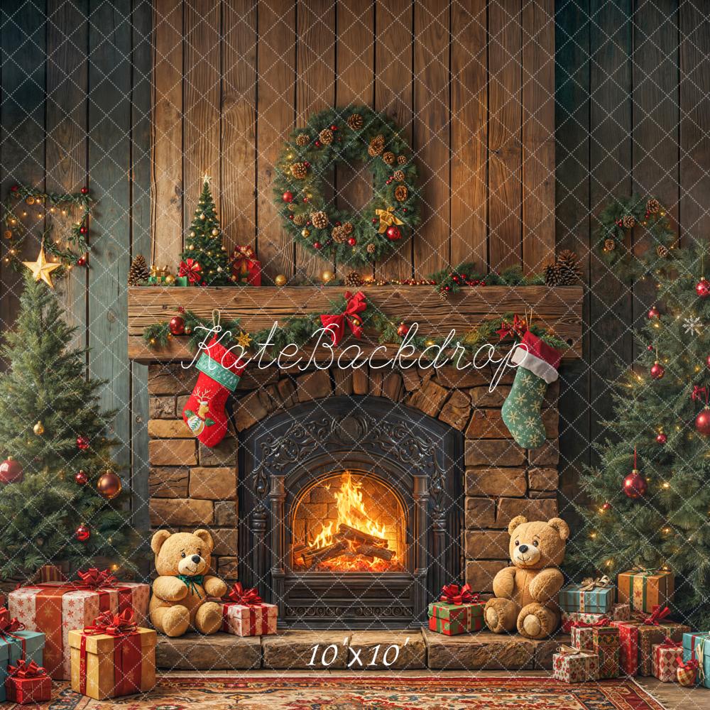 Kate Christmas Fireplace Teddy Bears Trees Backdrop Designed by Emetselch -UK