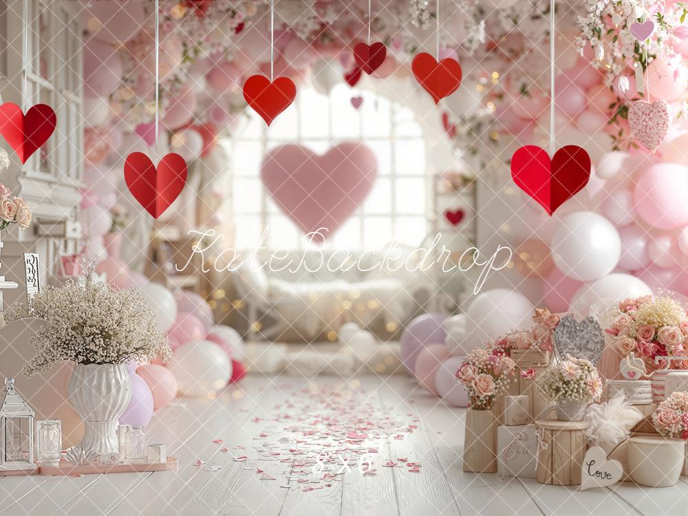 Kate Valentine Hearts Balloons Floral Pink Backdrop Designed by Emetselch