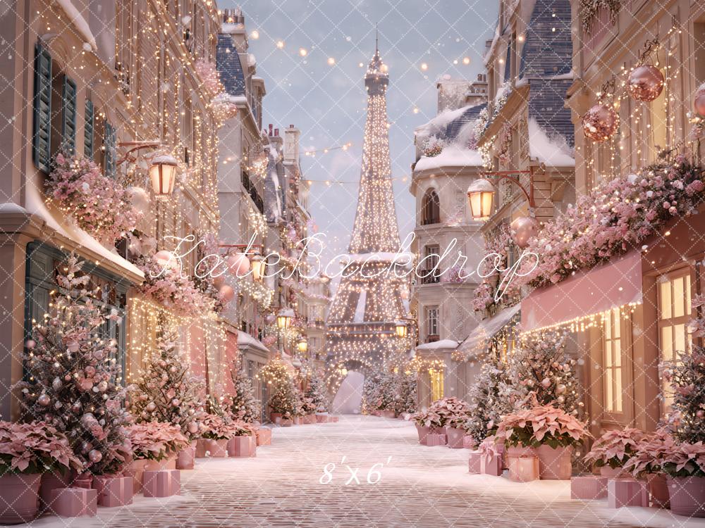 Kate Christmas Street Eiffel Tower Pink Backdrop Designed by Ashley Paul