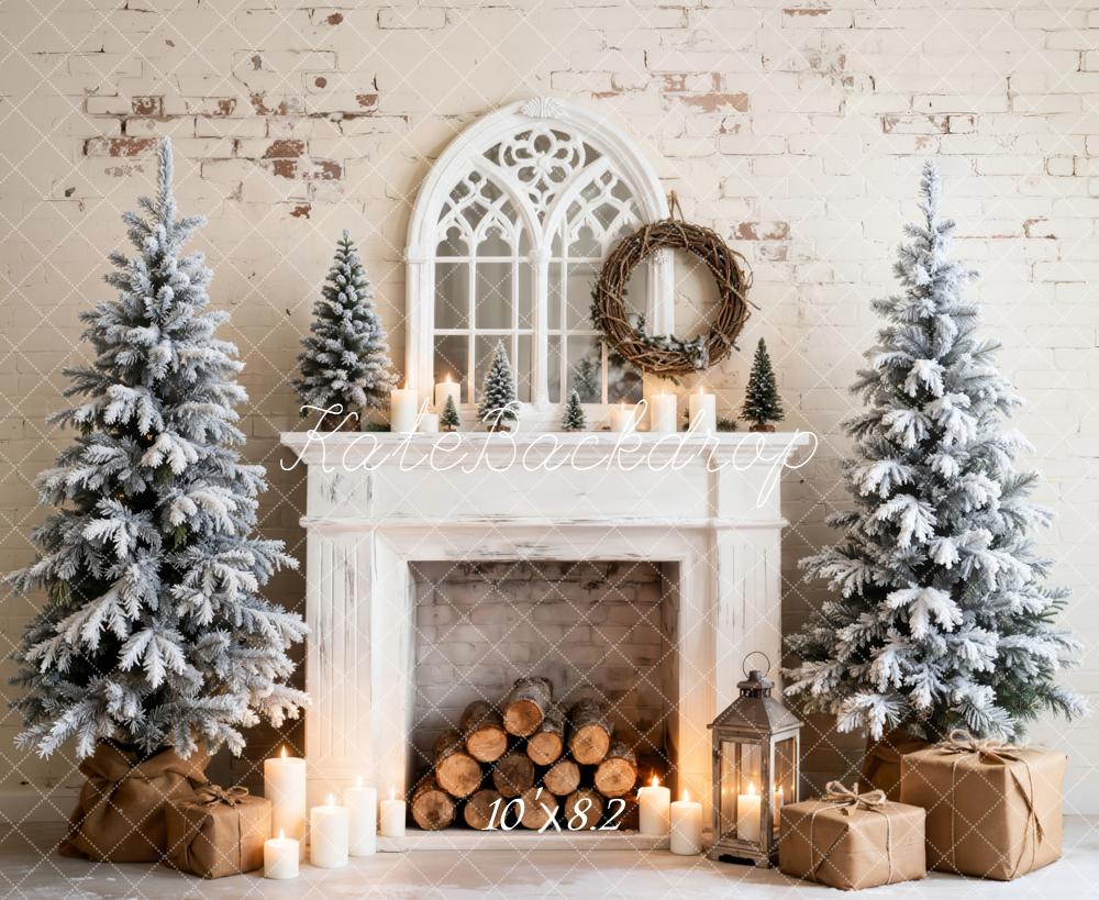 Kate Christmas Fireplace Snowy Trees Candles Fleece Backdrop Designed by Emetselch