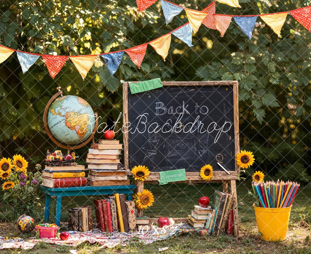 Kate Back To School Blackboard Globe Books Backdrop Designed by Emetselch -UK