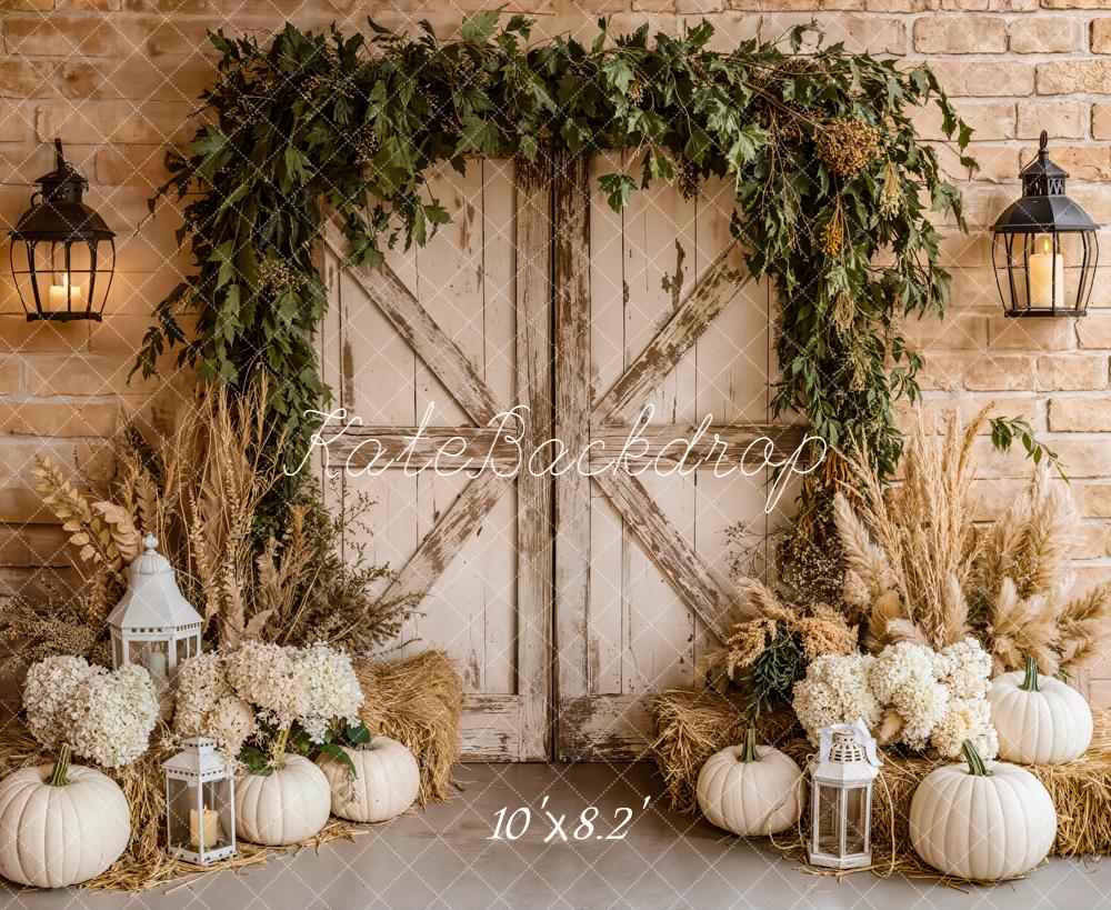 Kate Autumn Barn Door White Pumpkins Lanterns Backdrop Designed by Emetselch