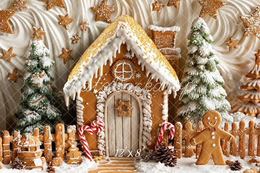 Kate Christmas Gingerbread House Snowy Trees Backdrop Designed by Emetselch