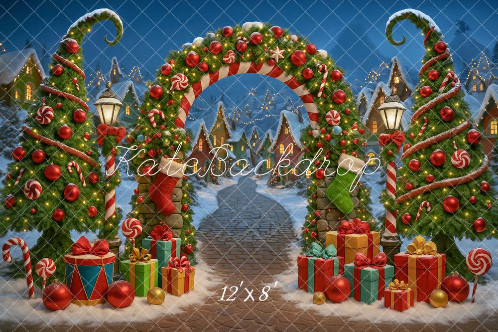 Kate Christmas Arch Candy Trees Presents Village Backdrop Designed by Ashley Paul