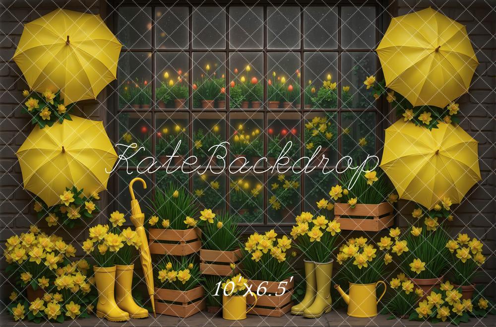 Kate Yellow Umbrellas Daffodils Window Crates Backdrop Designed by Mini MakeBelieve -UK