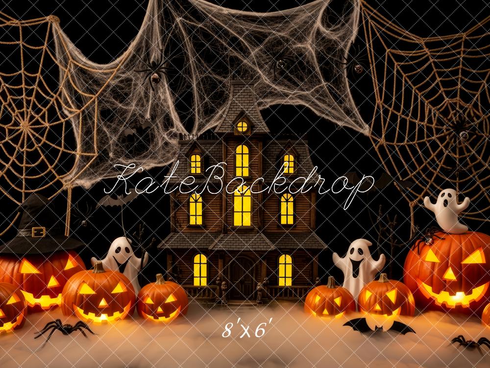 Kate Halloween Haunted House Pumpkins Spider Webs Backdrop Designed by Patty Robert