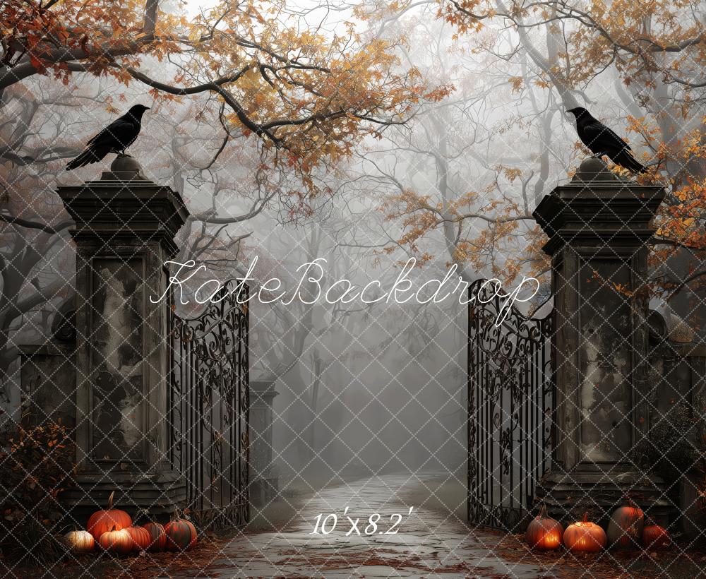 Kate Halloween Gate Ravens Pumpkins Autumn Backdrop Designed by Patty Robert
