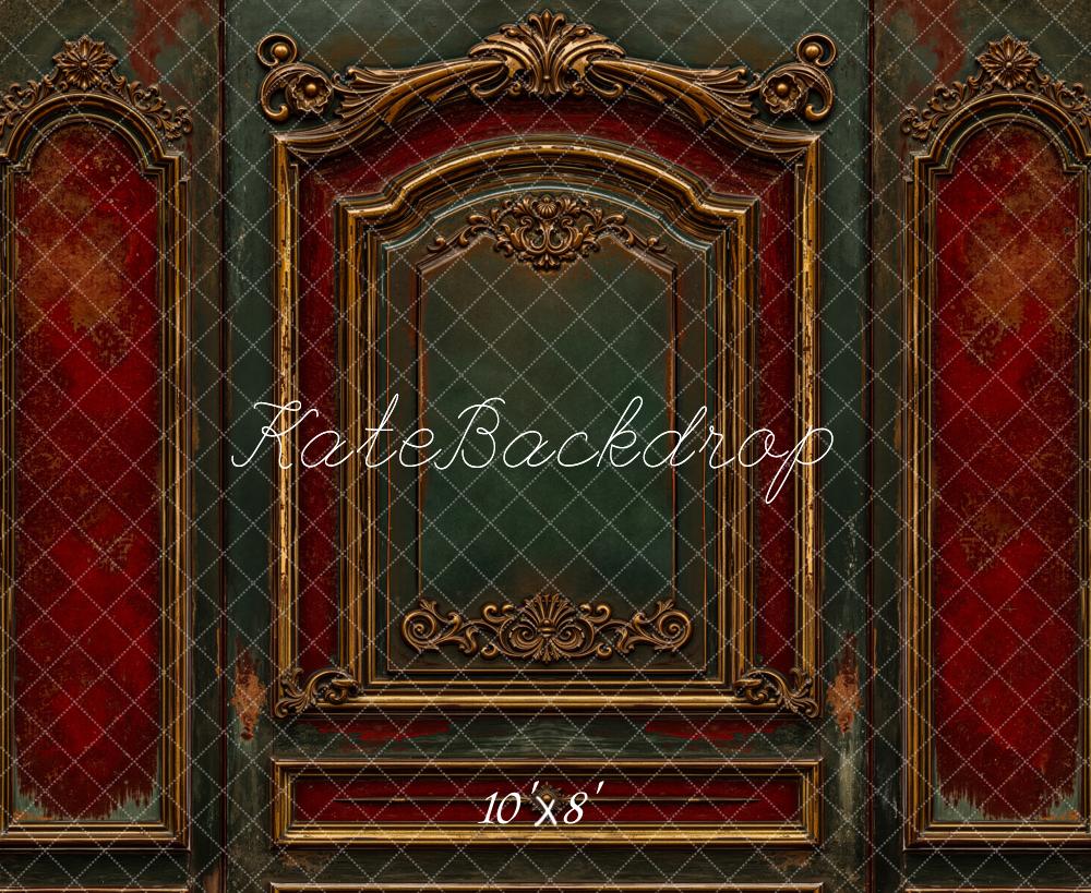 Kate Vintage Ornate Red Green Wall Fleece Backdrop Designed by Emetselch -UK