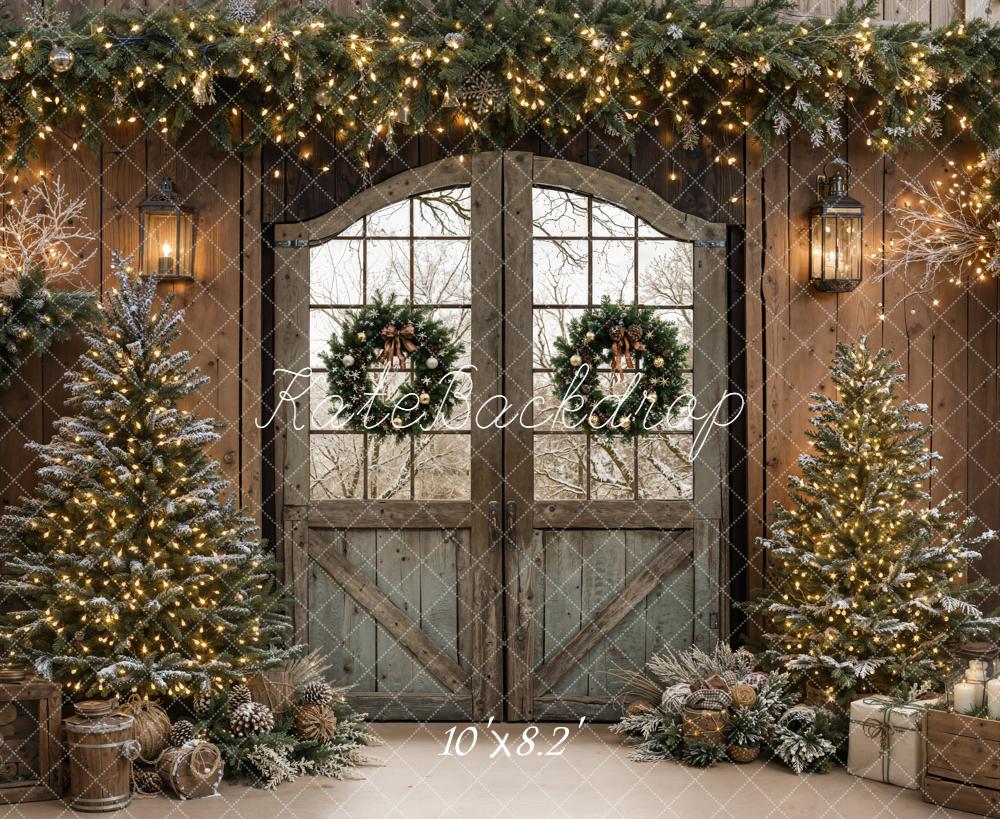 Kate Christmas Rustic Door Wreaths Trees Backdrop Designed by Emetselch -UK