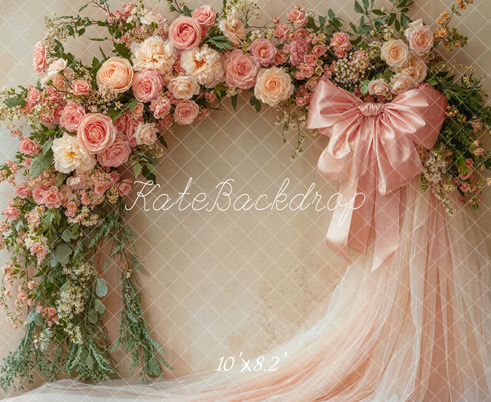 Kate Flower Arch Pink Roses Tulle Backdrop Designed by Emetselch