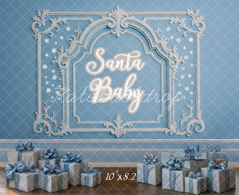 Kate Christmas Blue Ornate Frame Presents Backdrop Designed by Mini MakeBelieve -UK