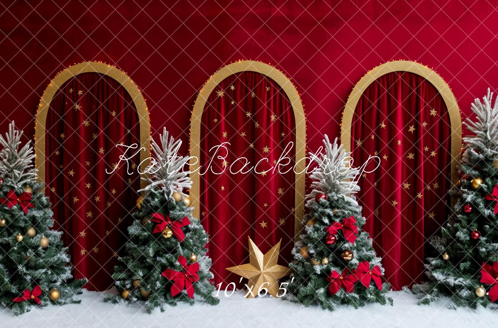 Kate Christmas Holiday Red Curtains Trees Backdrop Designed by Patty Robert