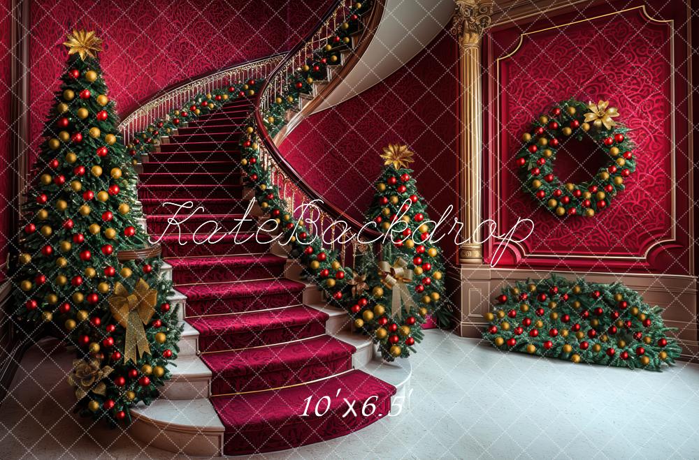 Kate Christmas Trees Cascading Stairs Red Backdrop Designed by Mini MakeBelieve -UK