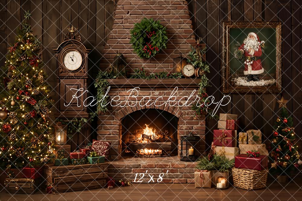 Kate Christmas Fireplace Tree Presents Vintage Fleece Backdrop Designed by Emetselch -UK