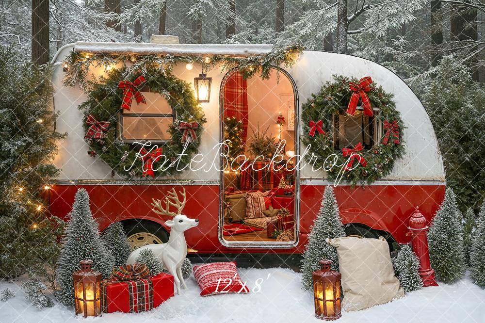 Kate Christmas Caravan Reindeer Presents Snow Backdrop Designed by Emetselch