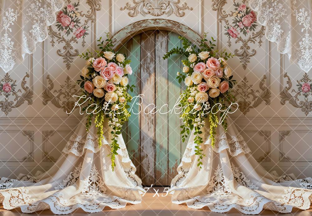 Kate Wedding Roses Rustic Door Lace Curtains Backdrop Designed by Mini MakeBelieve -UK