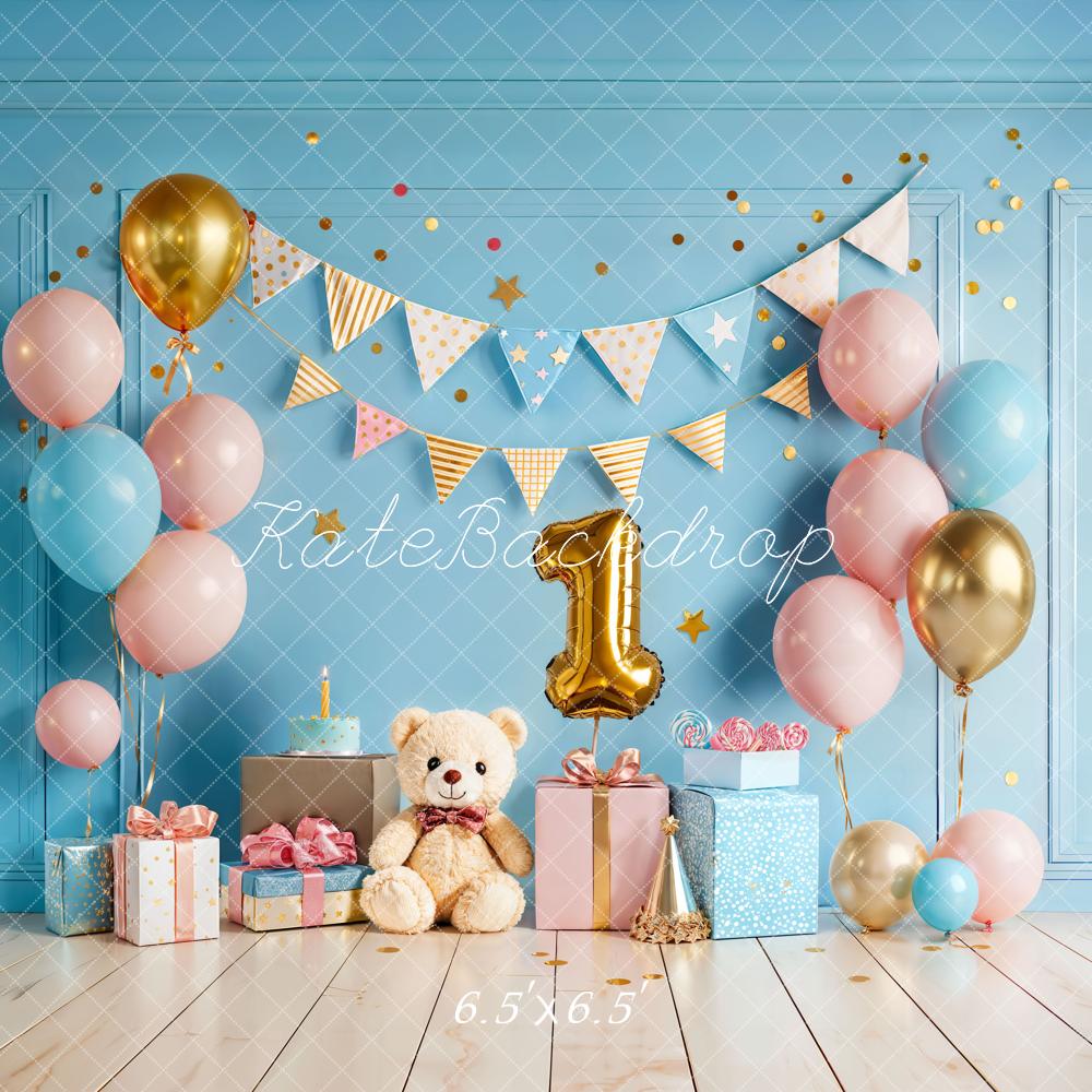 Kate 1st Birthday Blue Balloons Gift Backdrop Designed by Chain Photography