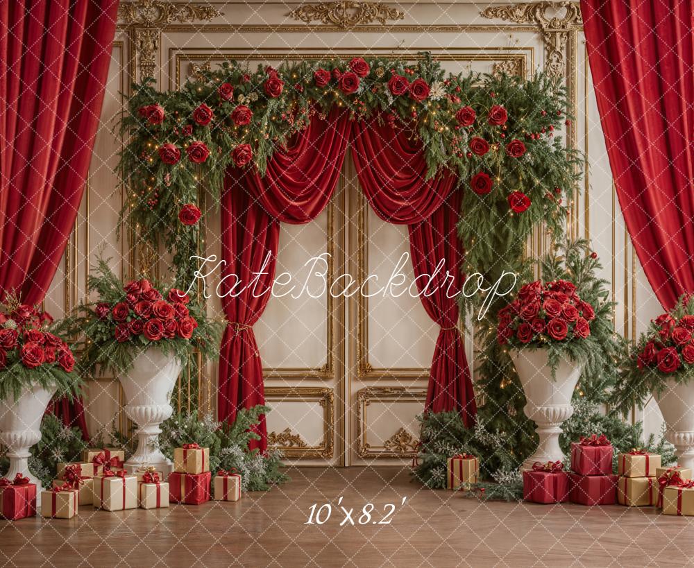 Kate Christmas Red Curtains Roses Gifts Backdrop Designed by Emetselch