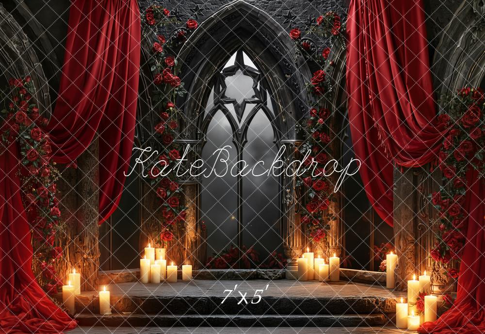 Kate Gothic Arch Red Roses Curtain Candles Backdrop Designed by Emetselch -UK