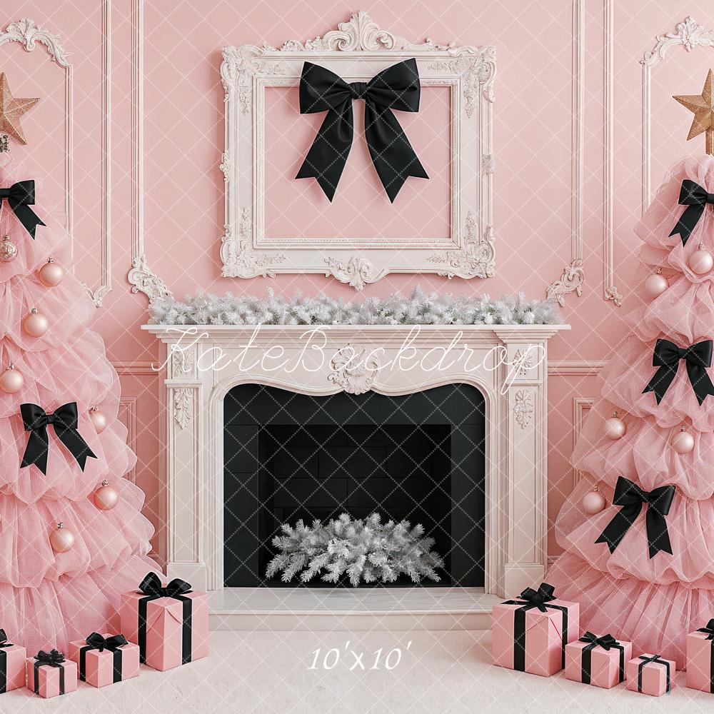 Kate Christmas Pink Trees Black Bows Fireplace Backdrop Designed by Ashley Paul