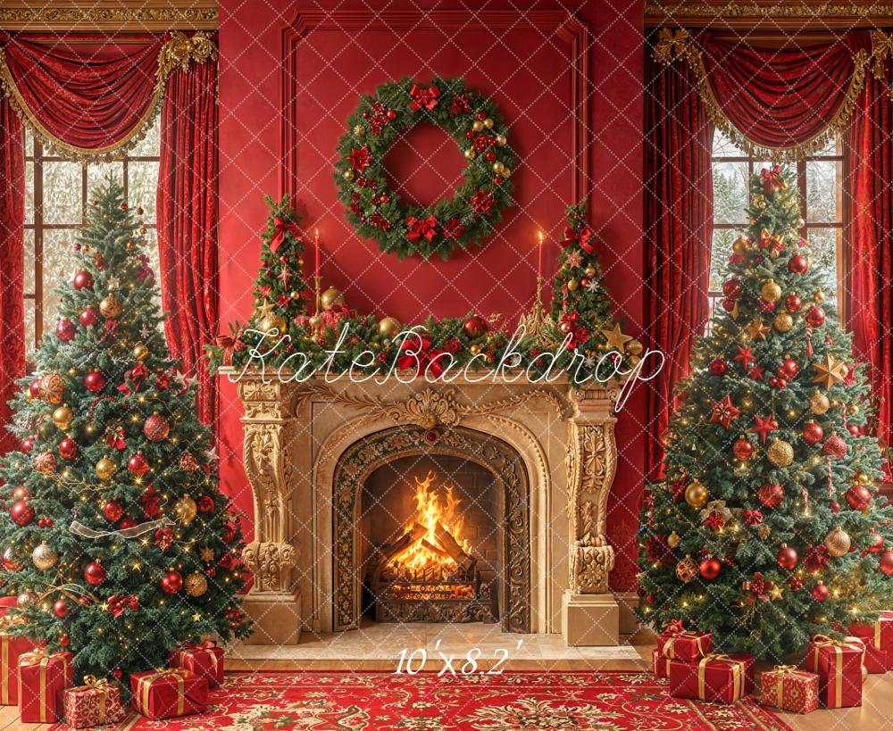 Kate Red Christmas Fireplace Wreath Trees Backdrop Designed by Emetselch