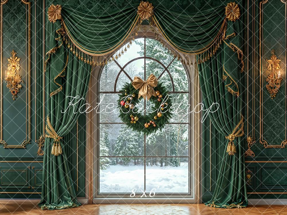 Kate Christmas Window Wreath Green Curtains Fleece Backdrop Designed by Emetselch -UK