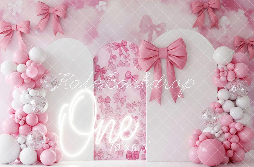 Kate 1st Birthday Pink Bows Balloons Arch Backdrop Designed by Patty Robert