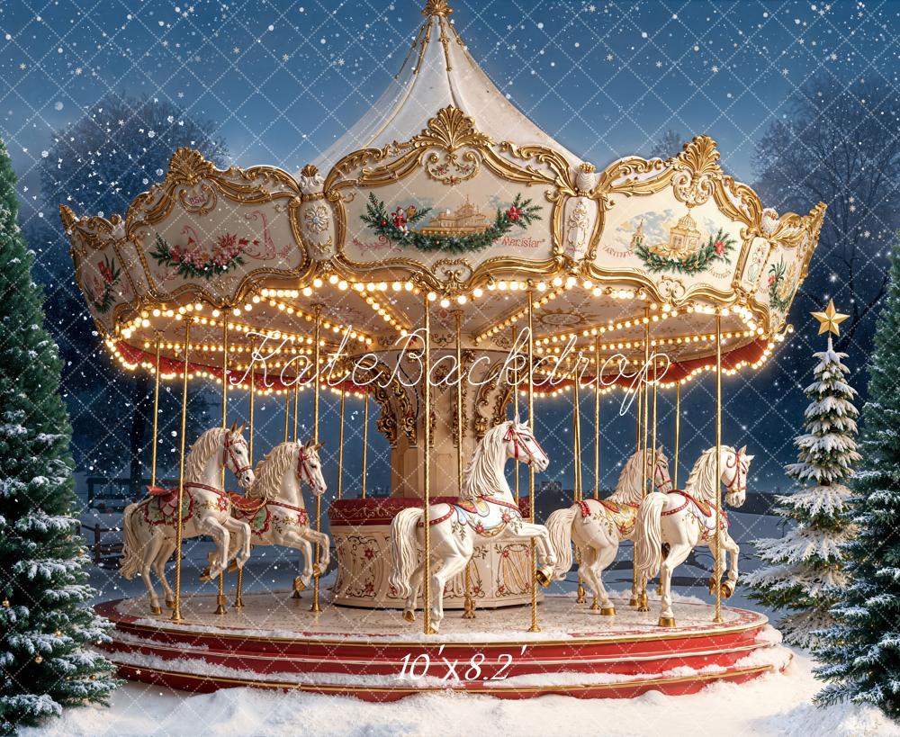 Kate Carousel Horses Snowy Christmas Trees Backdrop Designed by Emetselch -UK