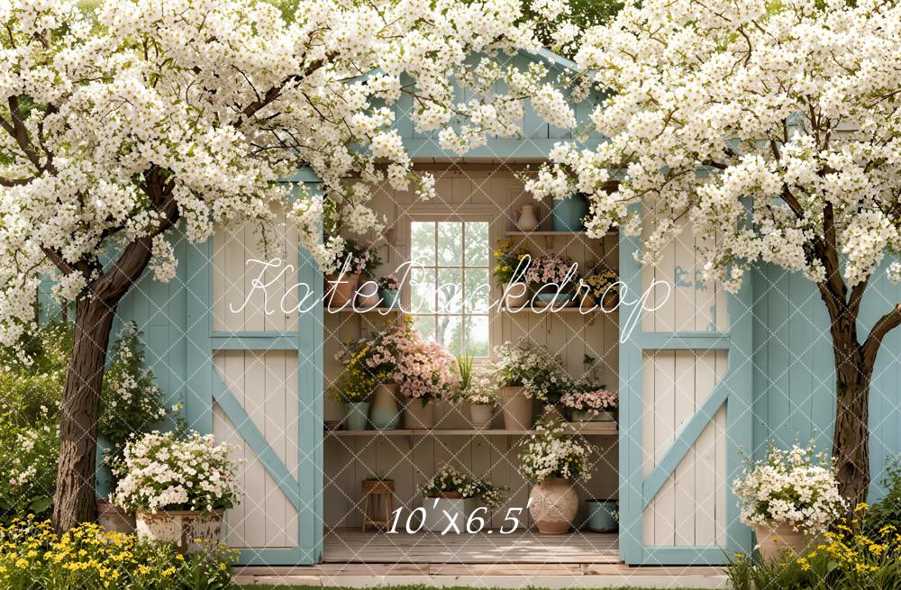 Kate Spring Flowering Trees Blue Shed Backdrop Designed by Emetselch -UK