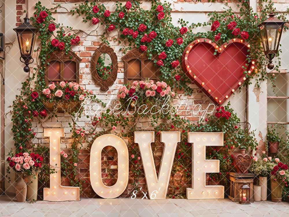 Kate Valentine Love Red Roses Heart Brick Wall Backdrop Designed by Emetselch -UK