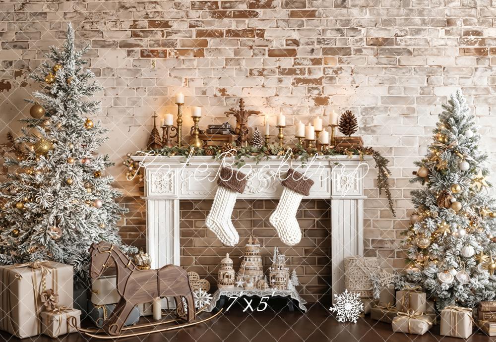 Kate Christmas Fireplace Trees Vintage Wall Backdrop Designed by Emetselch -UK