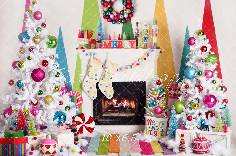 Kate Christmas Fireplace Bright Decorations Backdrop Designed by Mandy Ringe Photography -UK