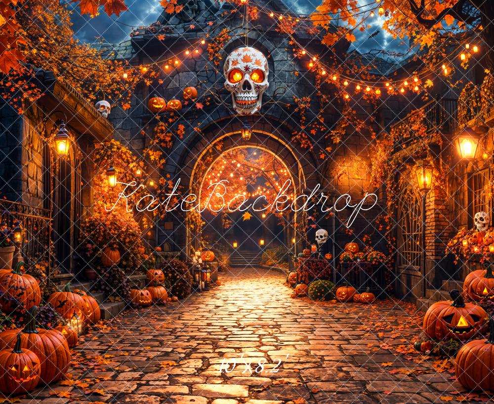 Kate Halloween Pumpkins Skull Cobblestone Path Backdrop Designed by Emetselch -UK