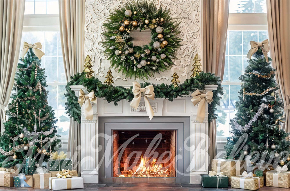 Kate Christmas White Bow Wreath Fireplace Backdrop Designed by Mini MakeBelieve -UK