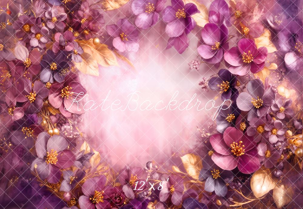 Kate Purple Gold Flowers Abstract Fleece Backdrop Designed by Emetselch