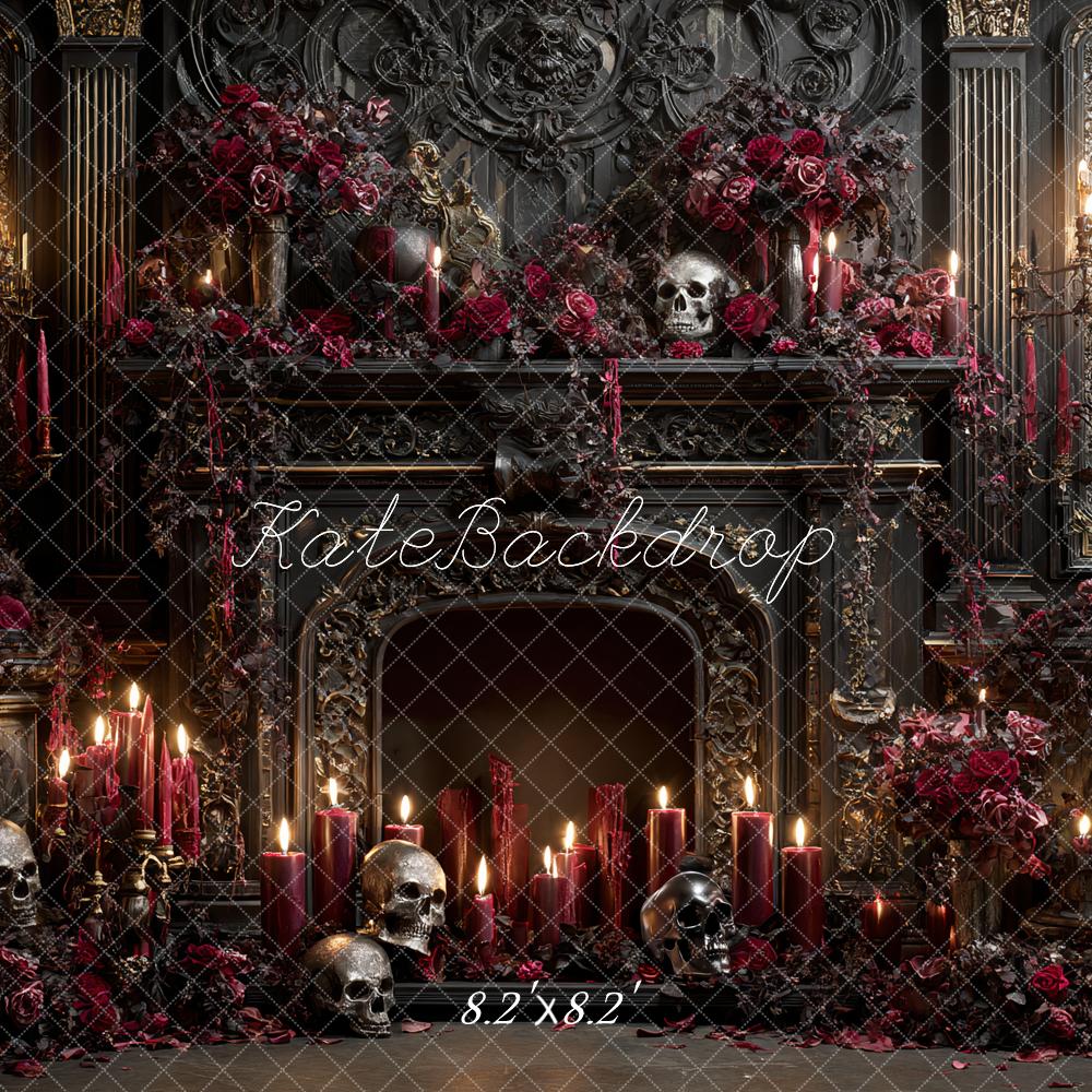 Kate Halloween Gothic Fireplace Skulls Candles Backdrop Designed by Ashley Paul -UK