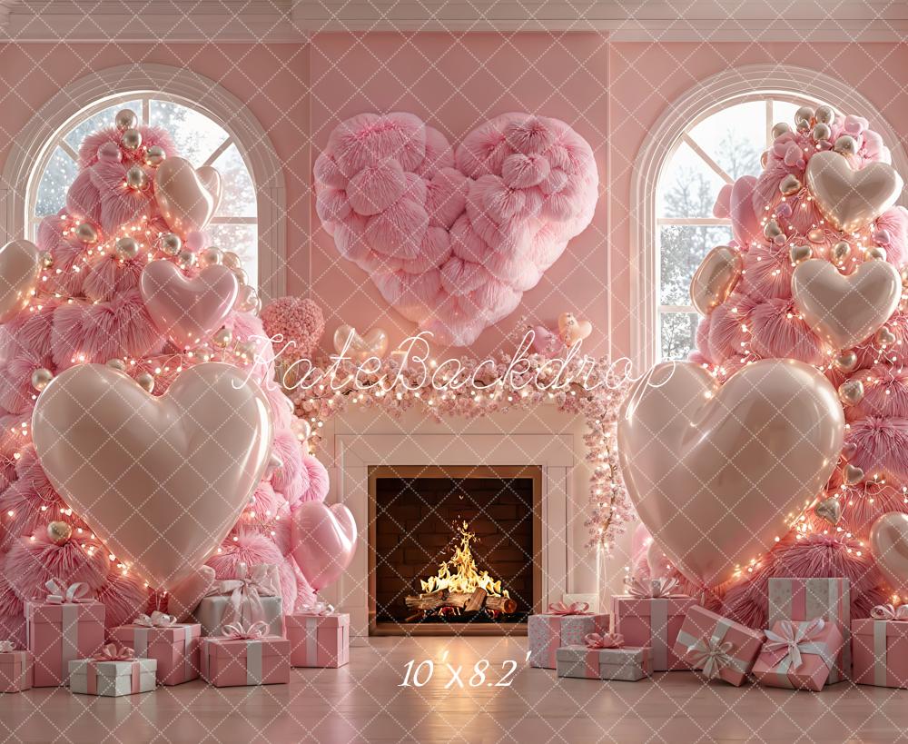 Kate Christmas Pink Trees Heart Presents Fleece Backdrop Designed by Emetselch -UK