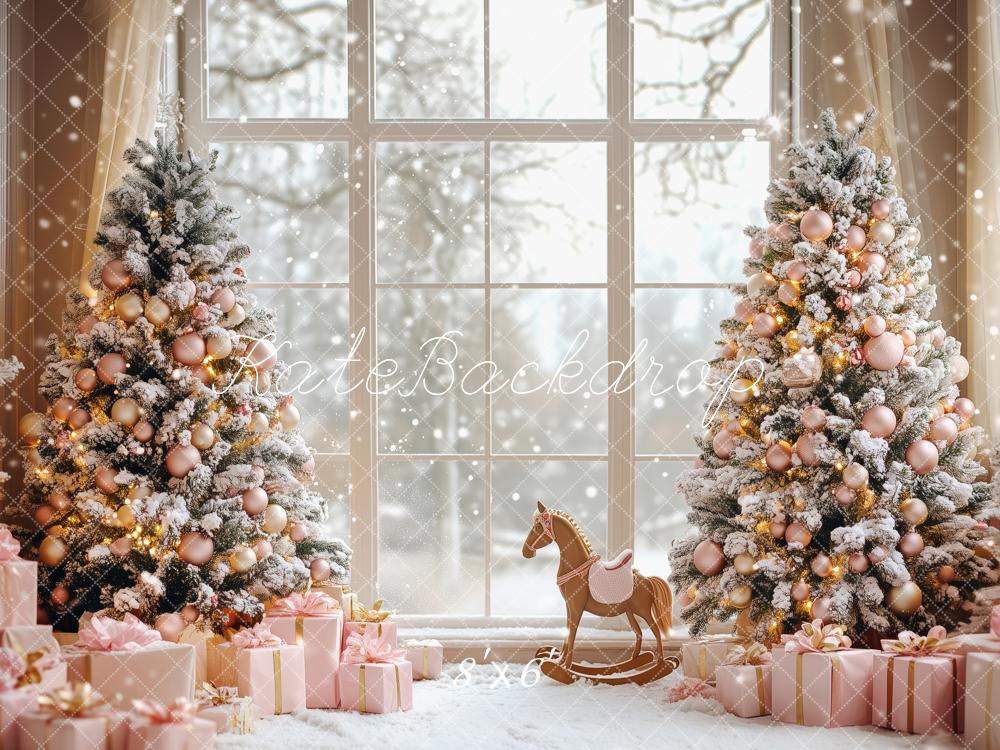 Kate Christmas Snowy Trees Pink Gifts Window Backdrop Designed by Patty Robert -UK