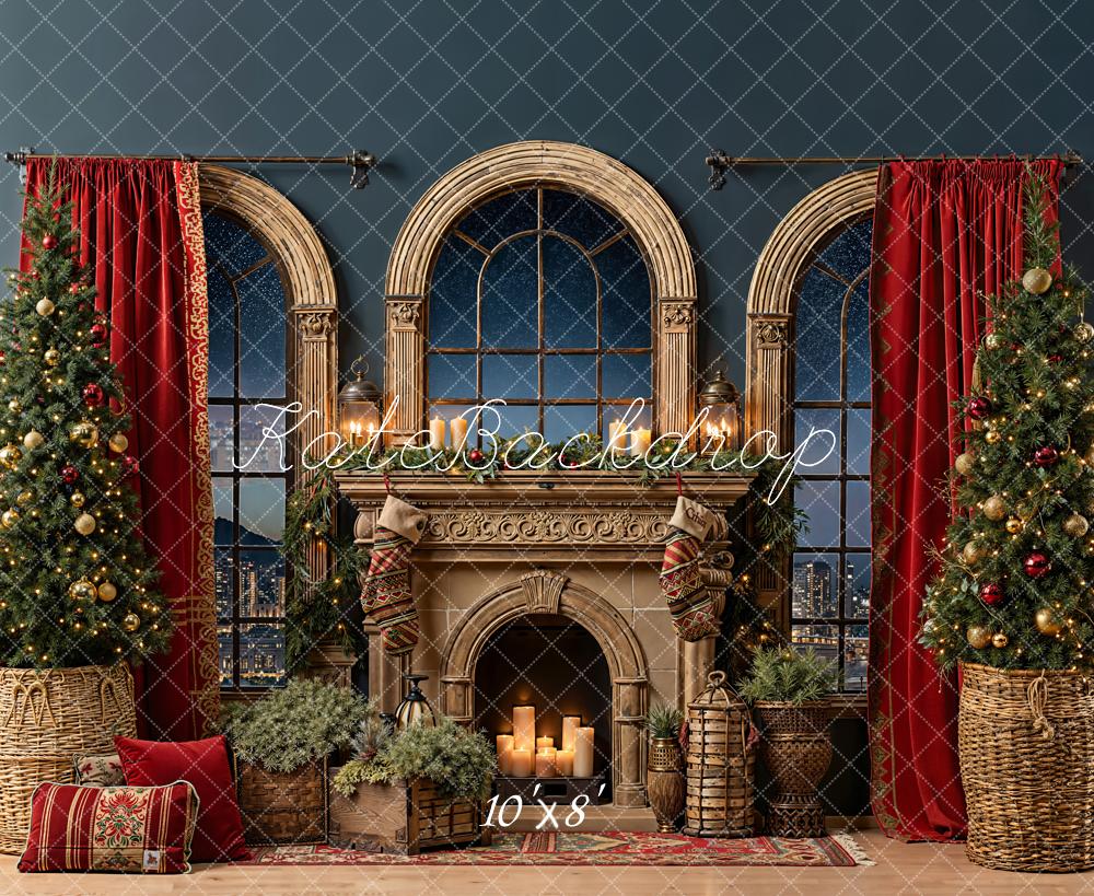 Kate Christmas Fireplace Arched Windows Trees Fleece Backdrop Designed by Emetselch