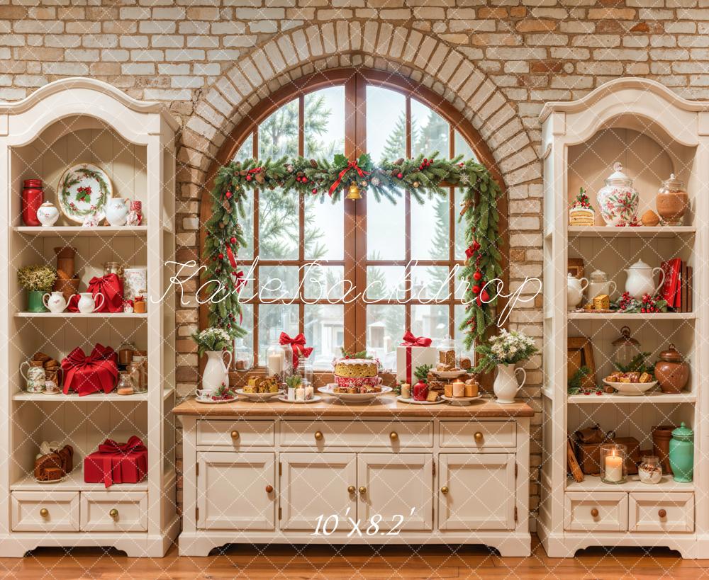 Kate Christmas Cream Vintage Brick Kitchen Backdrop Designed by Emetselch -UK