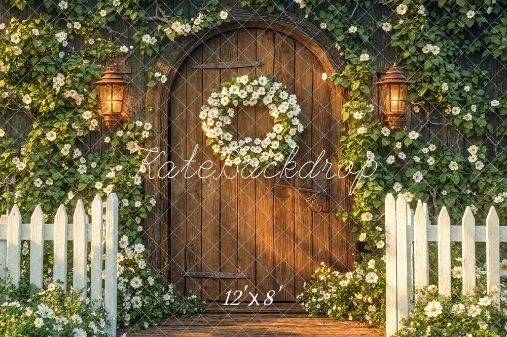 Kate Flower Arch Wooden Door White Fence Fleece Backdrop Designed by Emetselch -UK