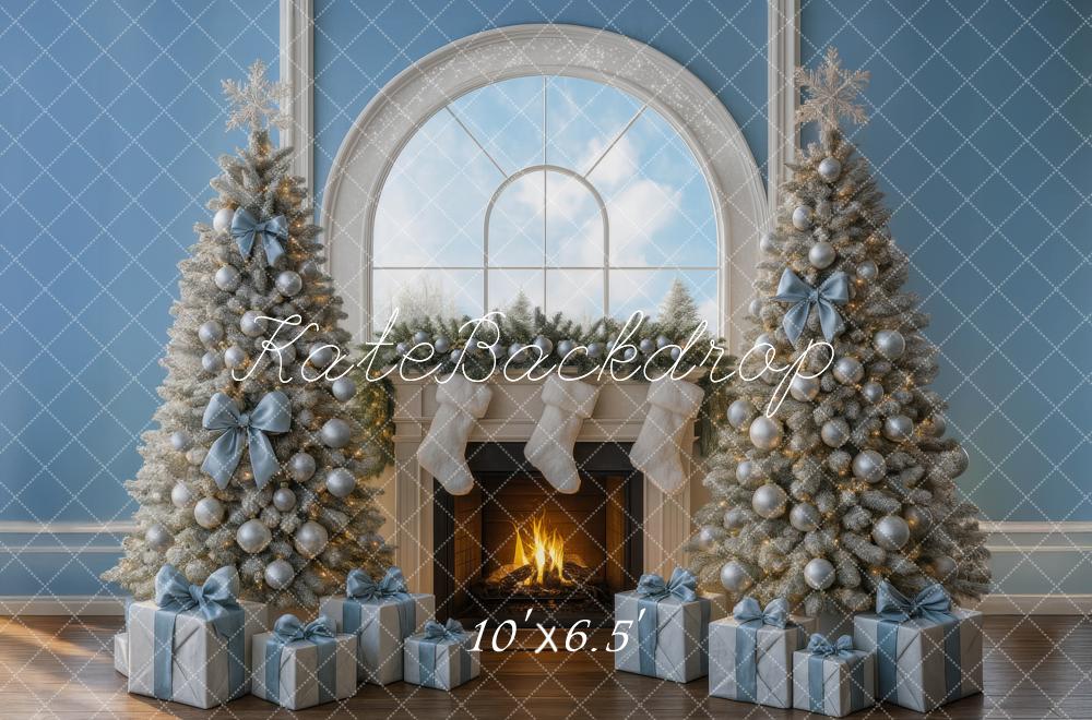 Kate Christmas Fireplace Blue Gift Boxes Trees Backdrop Designed by Mini MakeBelieve -UK