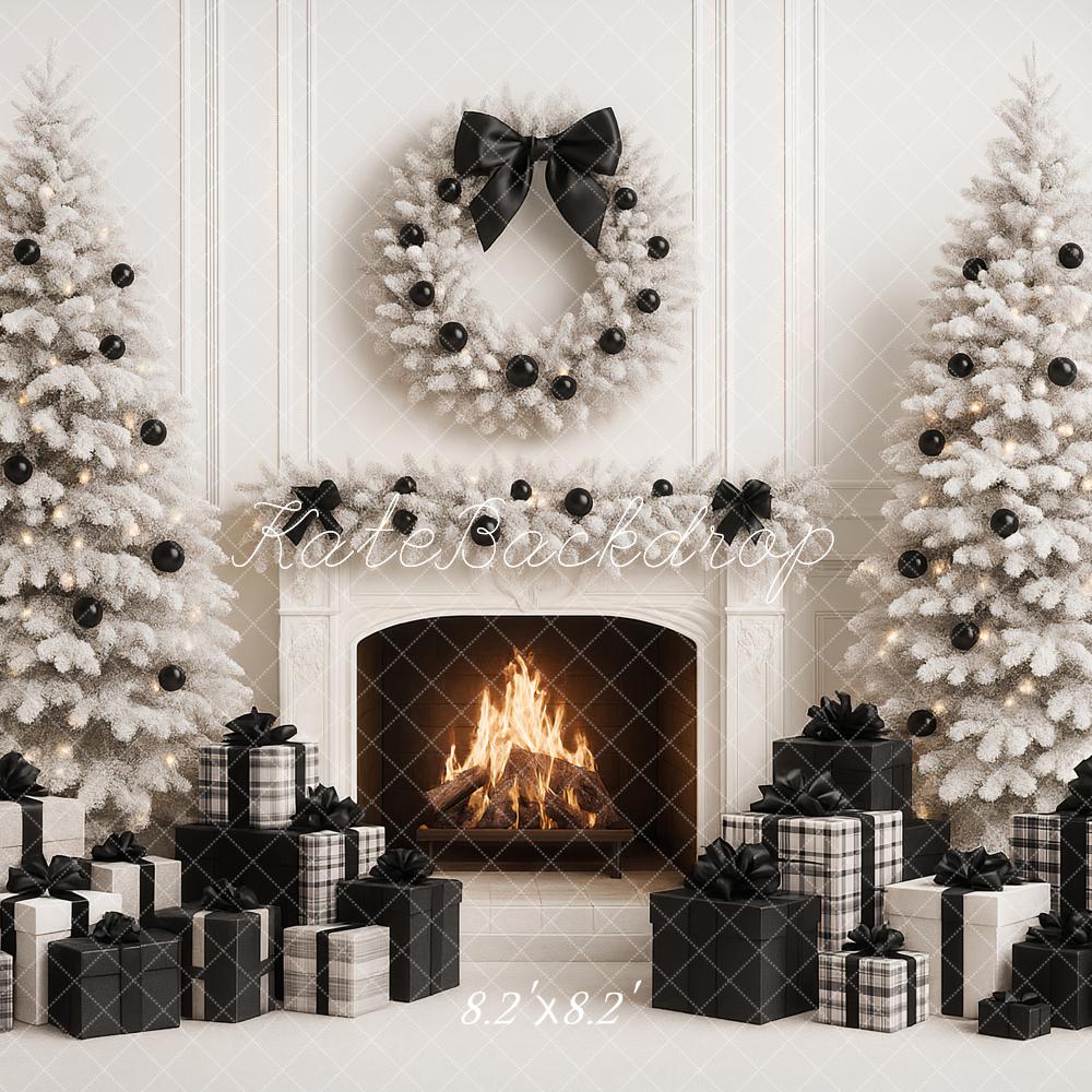 Kate Christmas White Trees Fireplace Black Presents Backdrop Designed by Ashley Paul