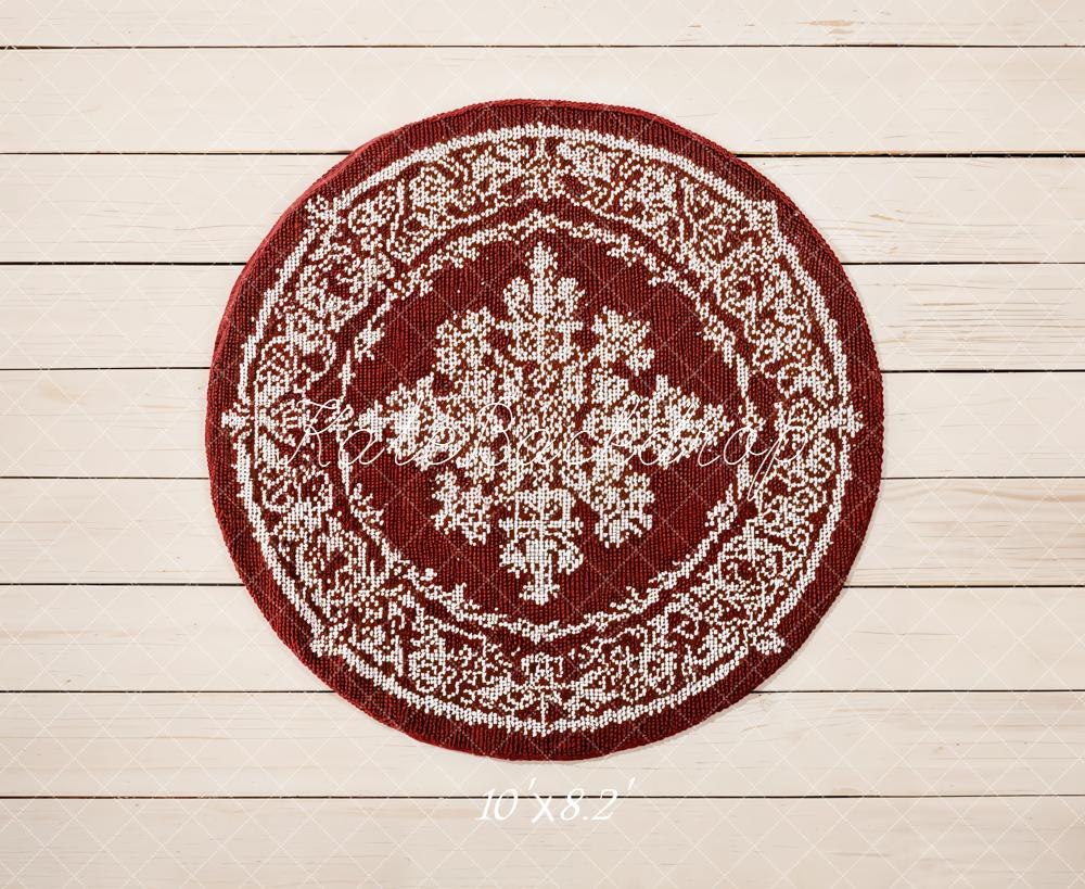 Kate Round Red Rug White Wood Planks Fleece Backdrop Designed by Emetselch -UK