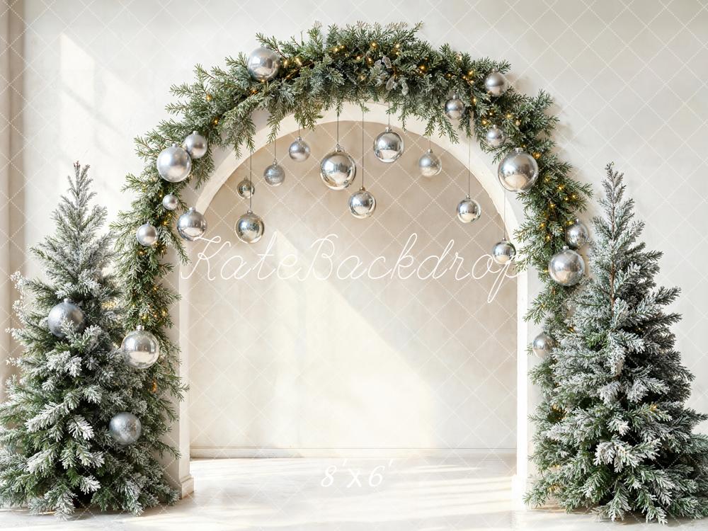 Kate Christmas Arch Silver Baubles Frosted Trees Backdrop Designed by Emetselch
