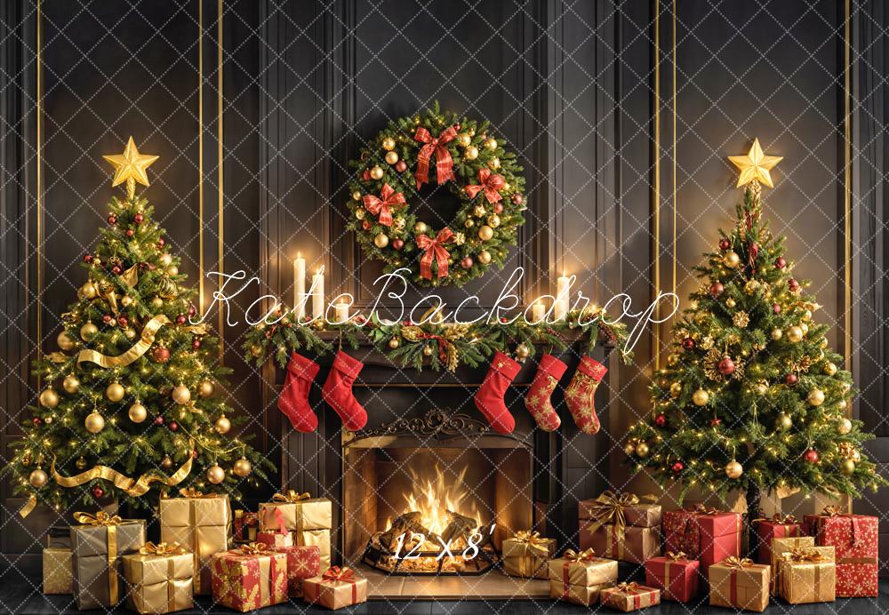 Kate Christmas Fireplace Wreath Trees Gifts Fleece Backdrop Designed by Emetselch