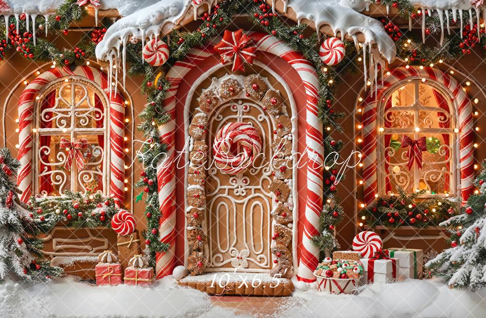 Kate Christmas Gingerbread House Candy Cane Fleece Backdrop Designed by Emetselch -UK