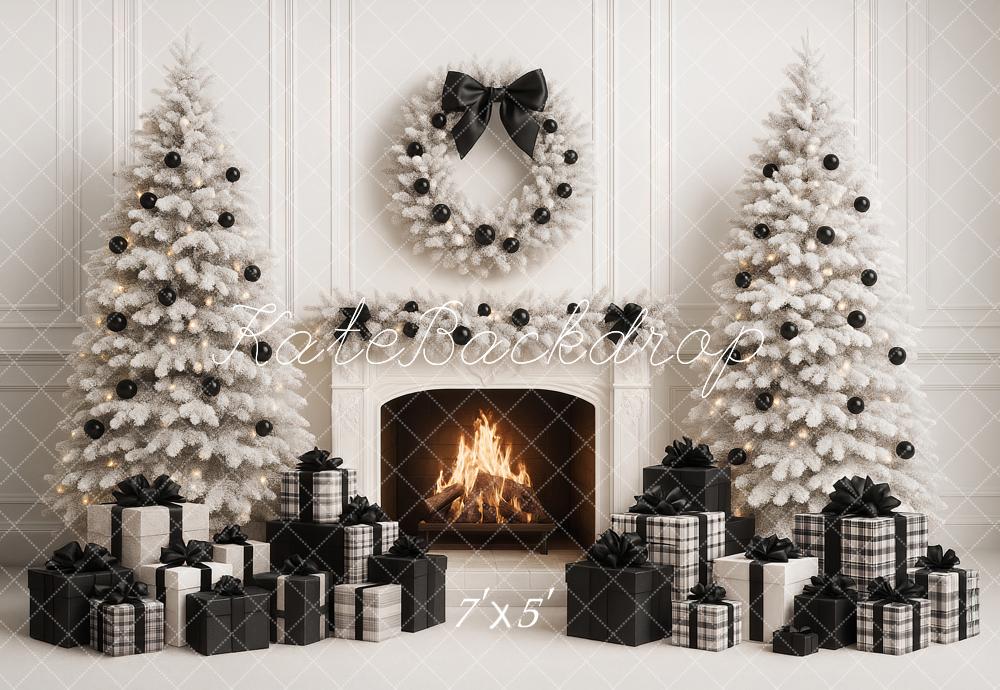 Kate Christmas White Trees Fireplace Black Presents Backdrop Designed by Ashley Paul