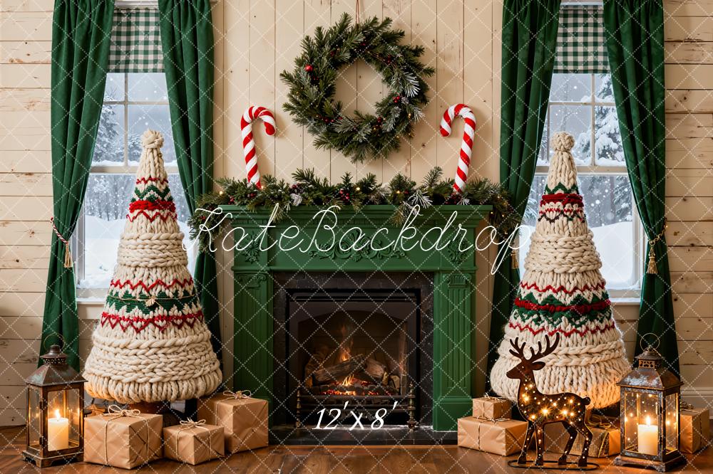 Kate Christmas Green Fireplace Yarn Trees Fleece Backdrop Designed by Emetselch -UK